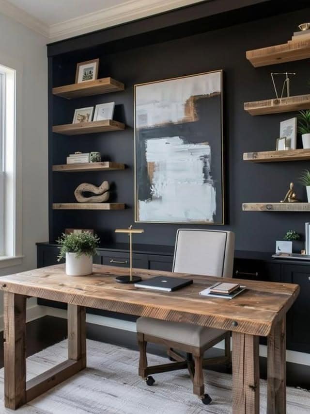 6. Modern Black and Rustic Wood Office Decor Idea - office decor ideas