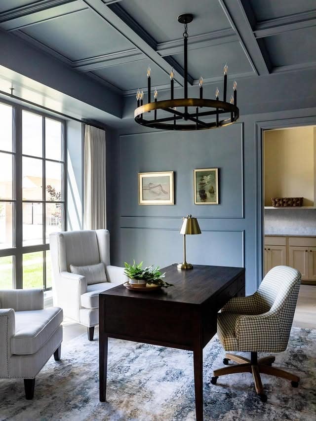 8. Classic Slate Blue Office Decor Idea with Dark Wood Furniture - office decor ideas