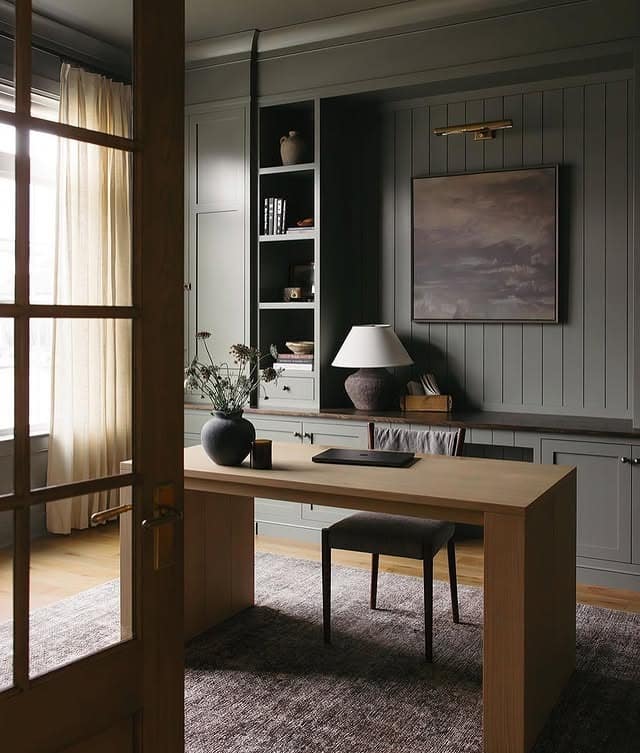 11. Sophisticated Charcoal Gray and Natural Wood Office Decor Idea - office decor ideas