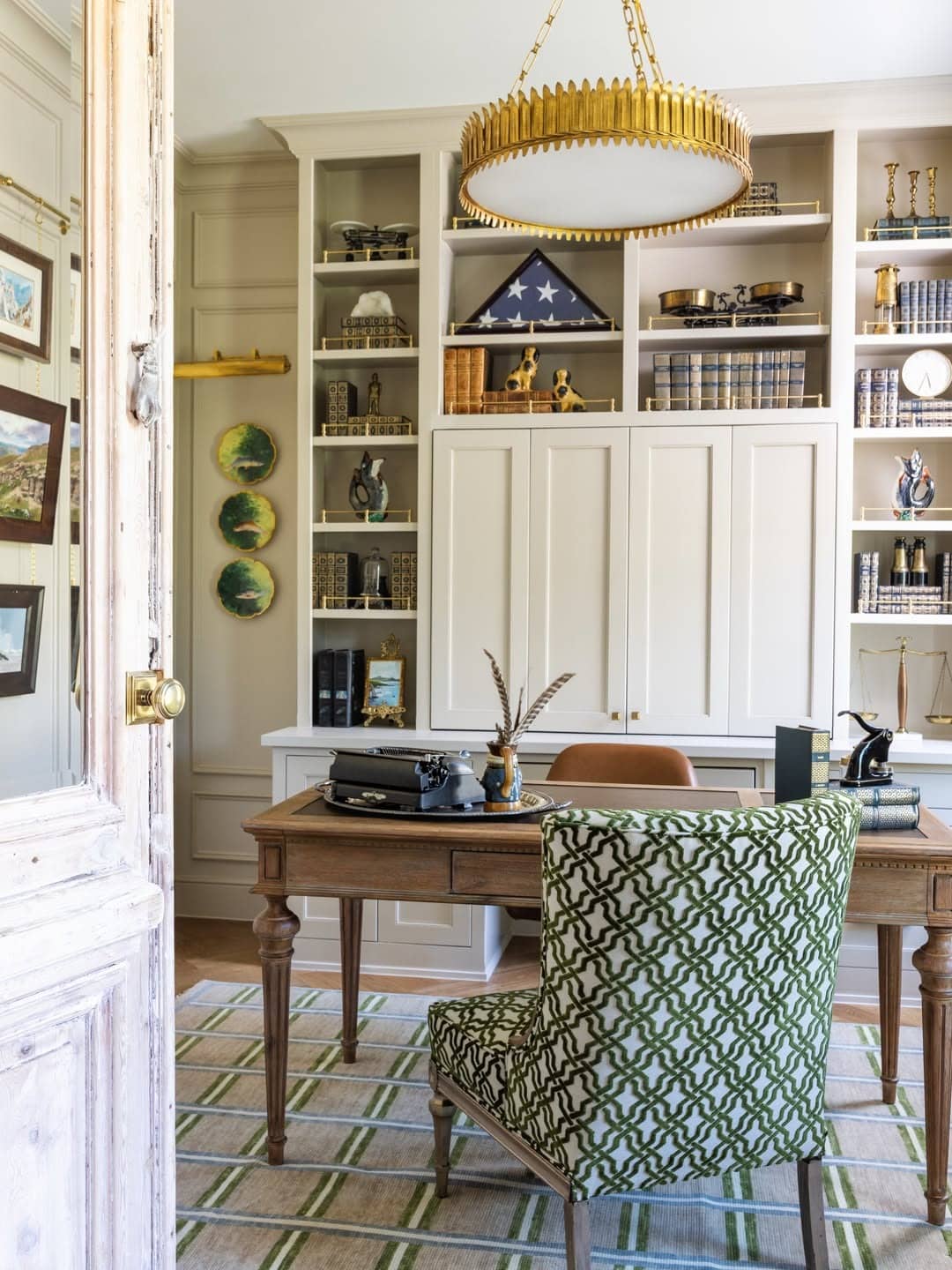 12. Classic Cream and Green Office Decor Idea with Gold Accents - office decor ideas