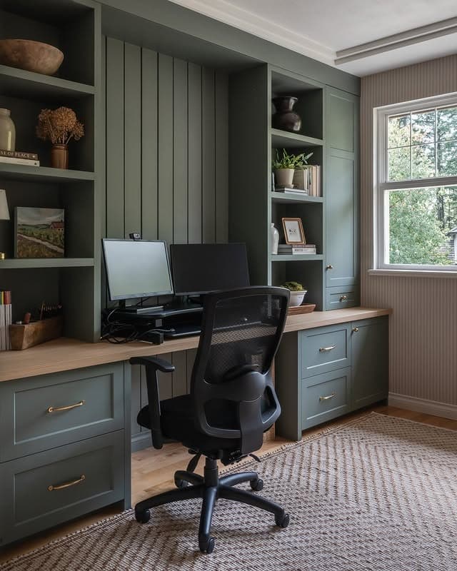 13. Modern Sage Green Office Decor Idea with Built-In Desk - office decor ideas