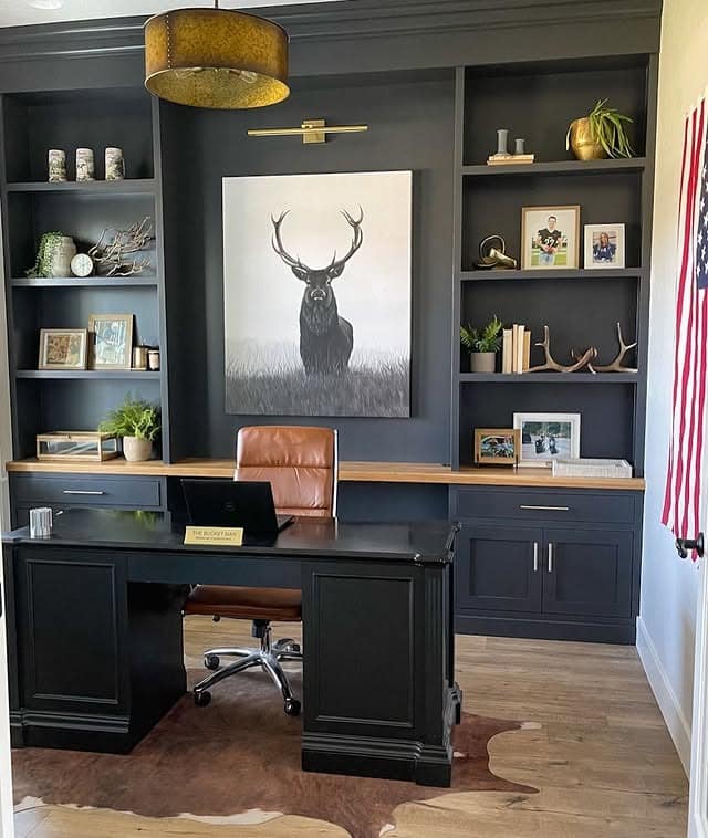 15. Rustic Black and Brown Office Decor Idea with Built-In Shelving - office decor ideas