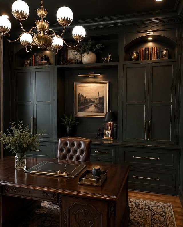16. Luxurious Dark Olive Green and Gold Office Decor Idea - office decor ideas