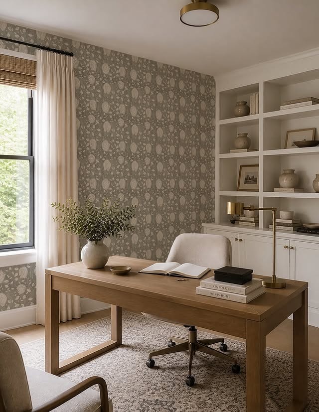 17. Elegant Taupe and Cream Office Decor Idea with Patterned Wallpaper - office decor ideas