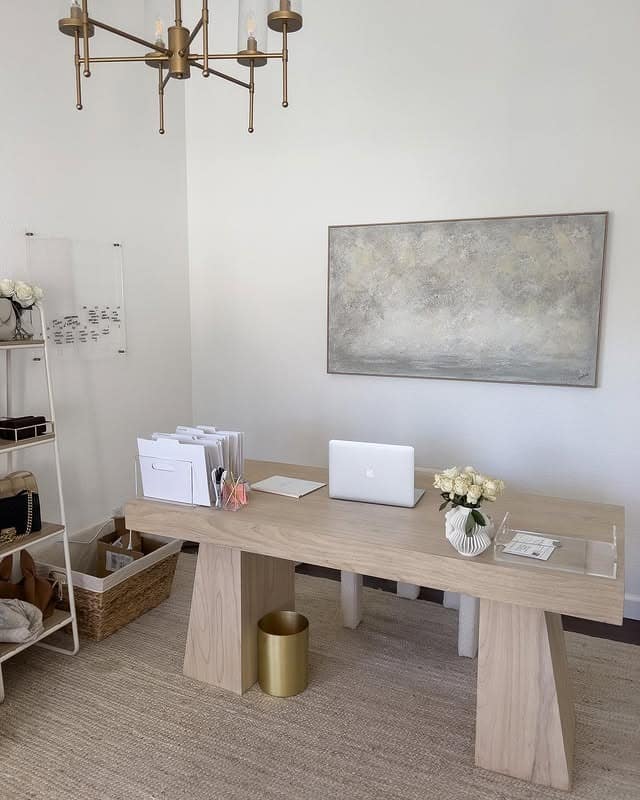 18. Minimalist White and Light Wood Office Decor Idea - office decor ideas