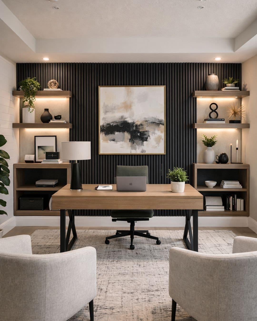20. Stylish Black and Beige Office Decor Idea with Wood Slat Accent Wall - office decor ideas