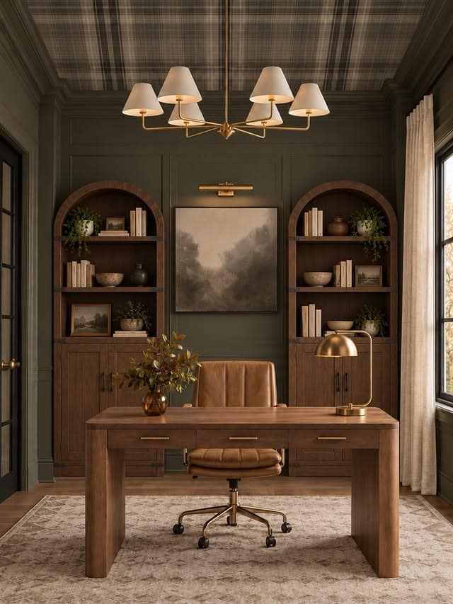 21. Elegant Olive Green and Warm Walnut Office Decor Idea - office decor ideas