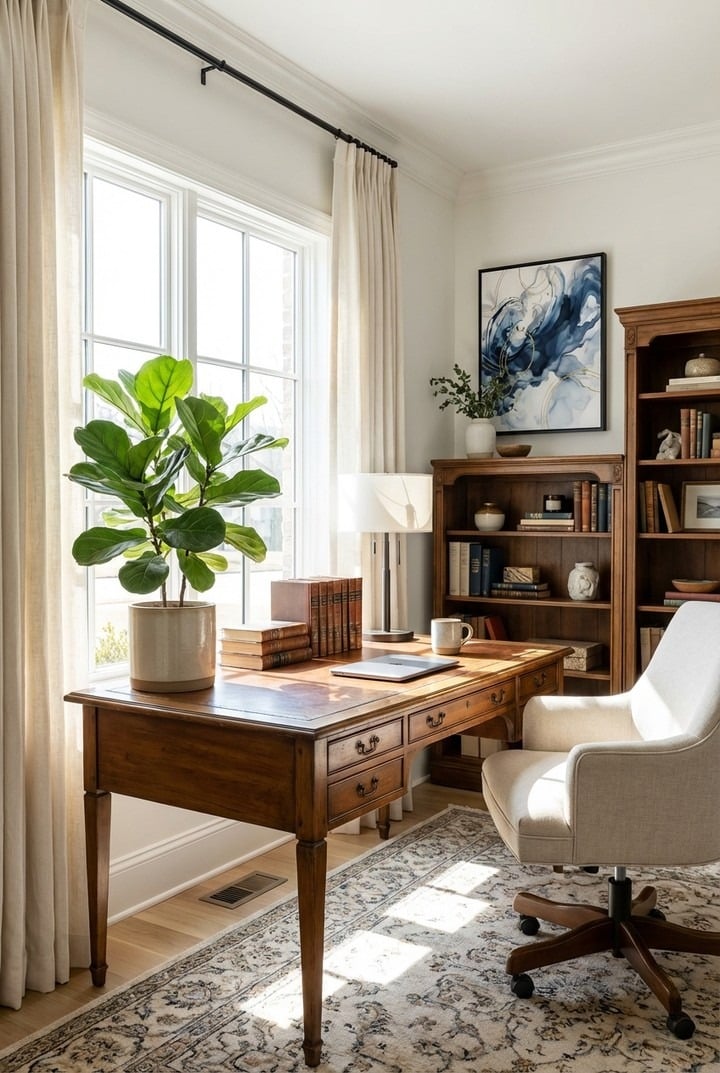 22. Classic Cream and Brown Office Decor Idea with Blue Accents - office decor ideas