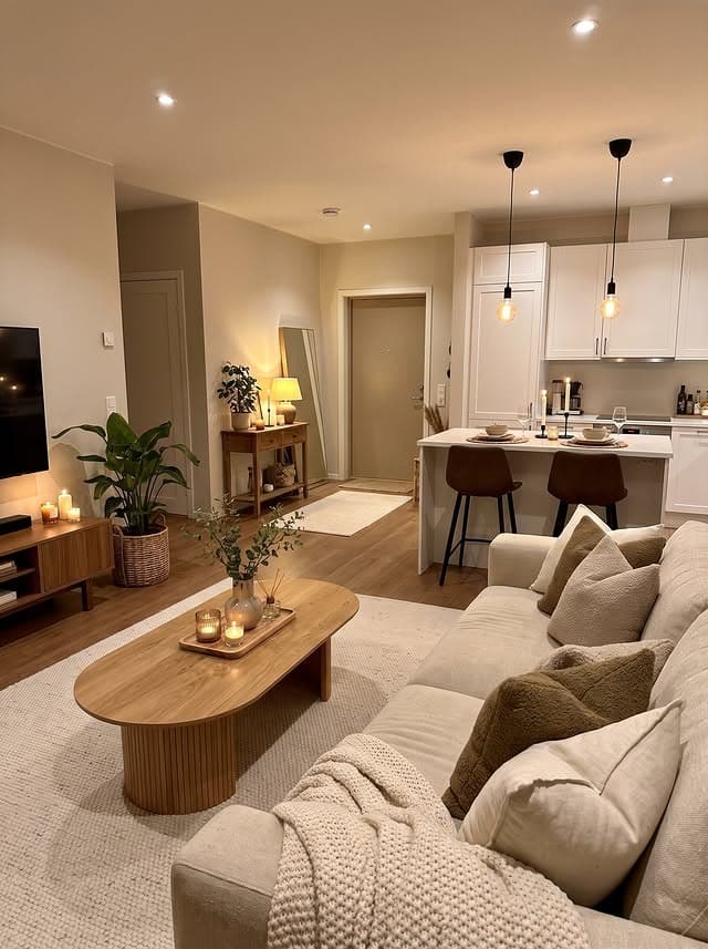 4. Cozy Beige and Natural Oak Open-Plan Living Room Idea - comfy living room ideas