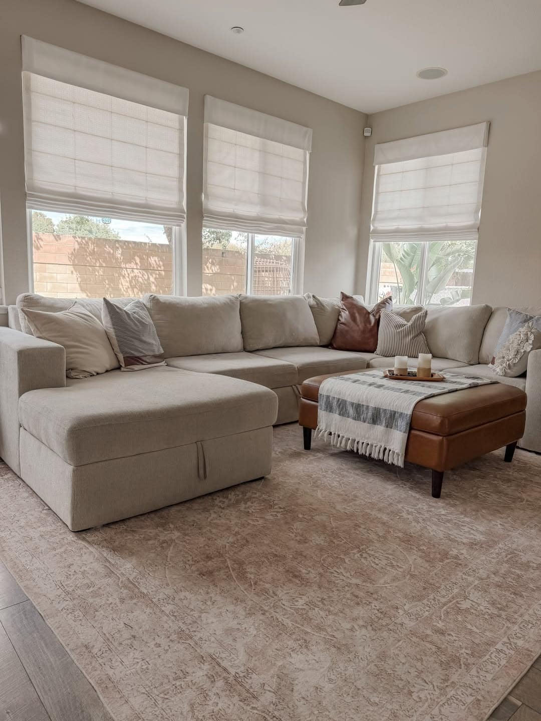 12. Soft Greige and Cognac Brown Comfy Living Room Idea - comfy living room ideas