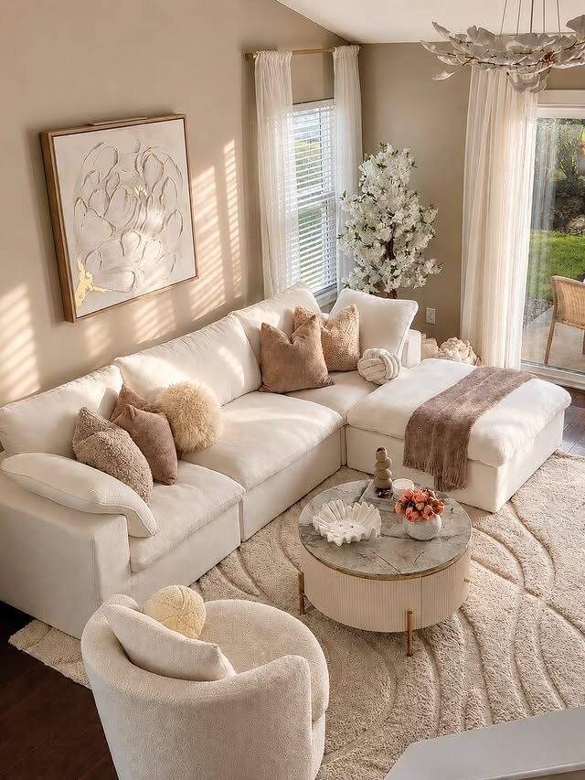 16. Elegant Ivory and Champagne Beige Comfy Living Room Idea - comfy living room ideas