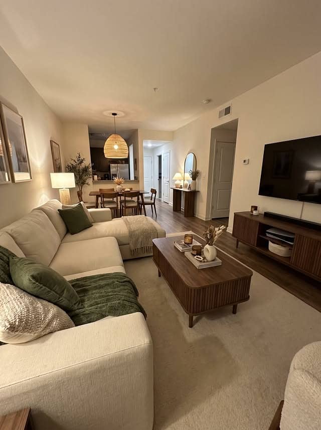 17. Modern Cream and Forest Green Comfy Living Room Idea - comfy living room ideas