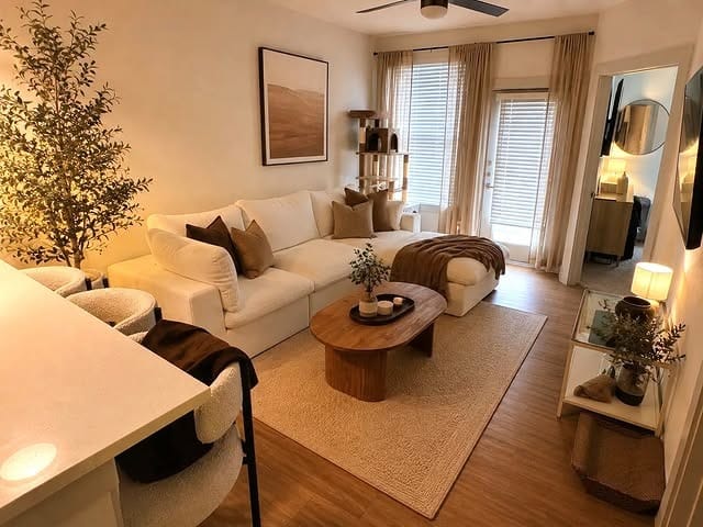 21. Warm Ivory and Caramel Brown Comfy Living Room Idea - comfy living room ideas