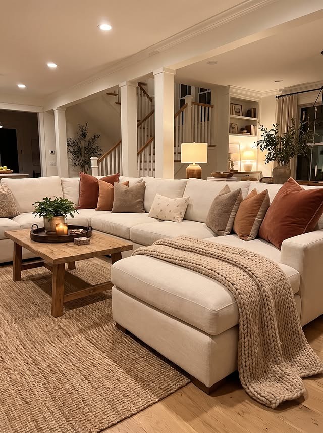 22. Cozy Cream and Terracotta Farmhouse Living Room Idea - comfy living room ideas