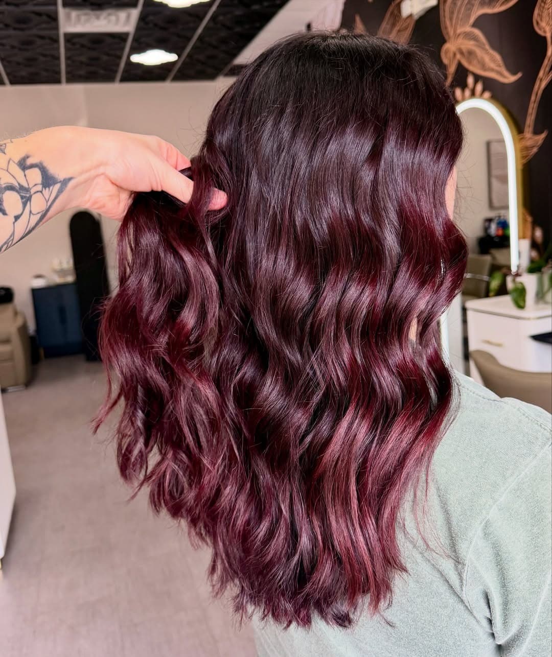 7. Cherry Burgundy Balayage with Textured Waves - Burgundy Balayage Hair Color