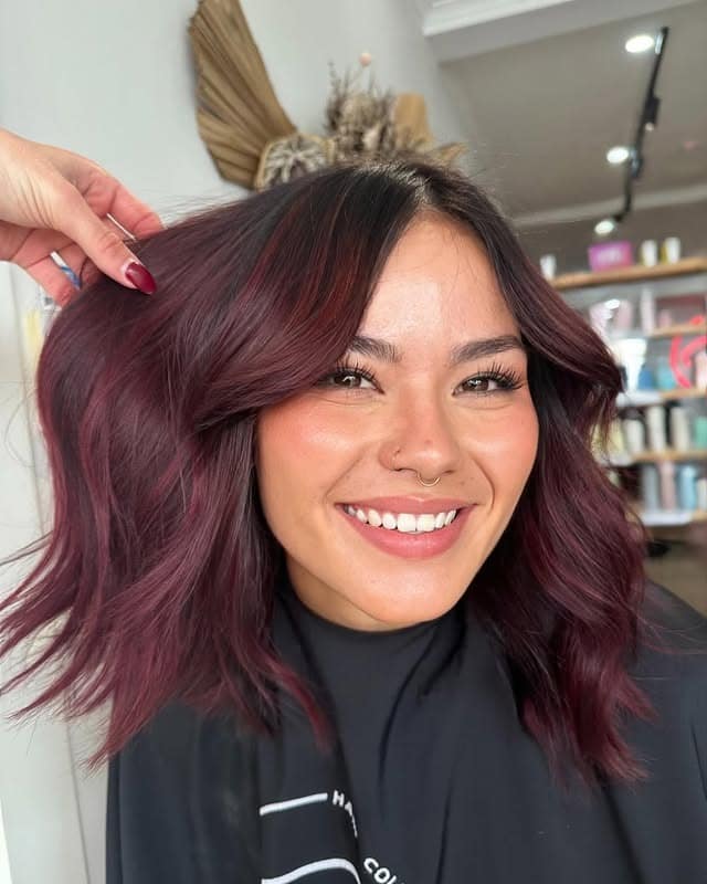 9. Plum Burgundy Balayage with Shoulder-Length Layers - Burgundy Balayage Hair Color