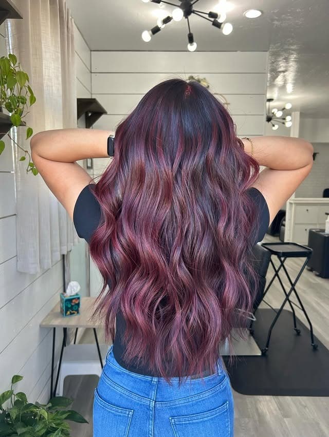 14. Raspberry Burgundy Balayage with Long Beach Waves - Burgundy Balayage Hair Color