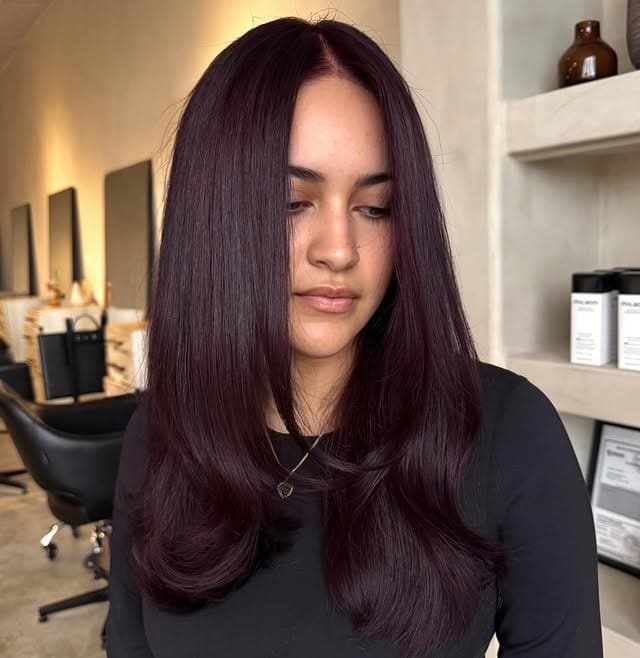 15. Dark Wine Burgundy Balayage with Sleek Layers - Burgundy Balayage Hair Color