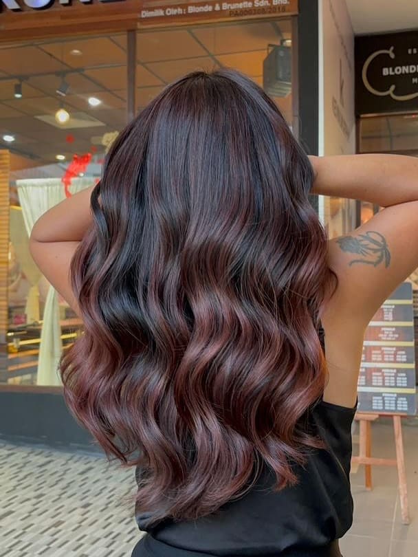 20. Chocolate Burgundy Balayage with Long S-Waves - Burgundy Balayage Hair Color