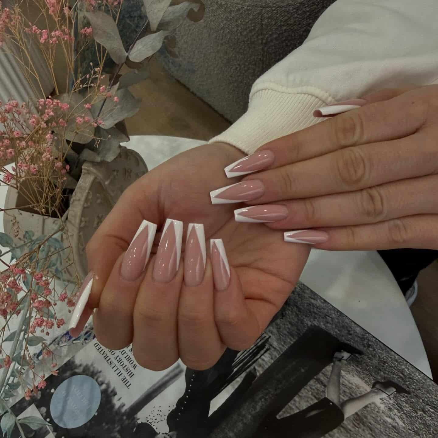 5. Nude Pink Ballerina Nails with Angular White French Tips - ballerina nail ideas