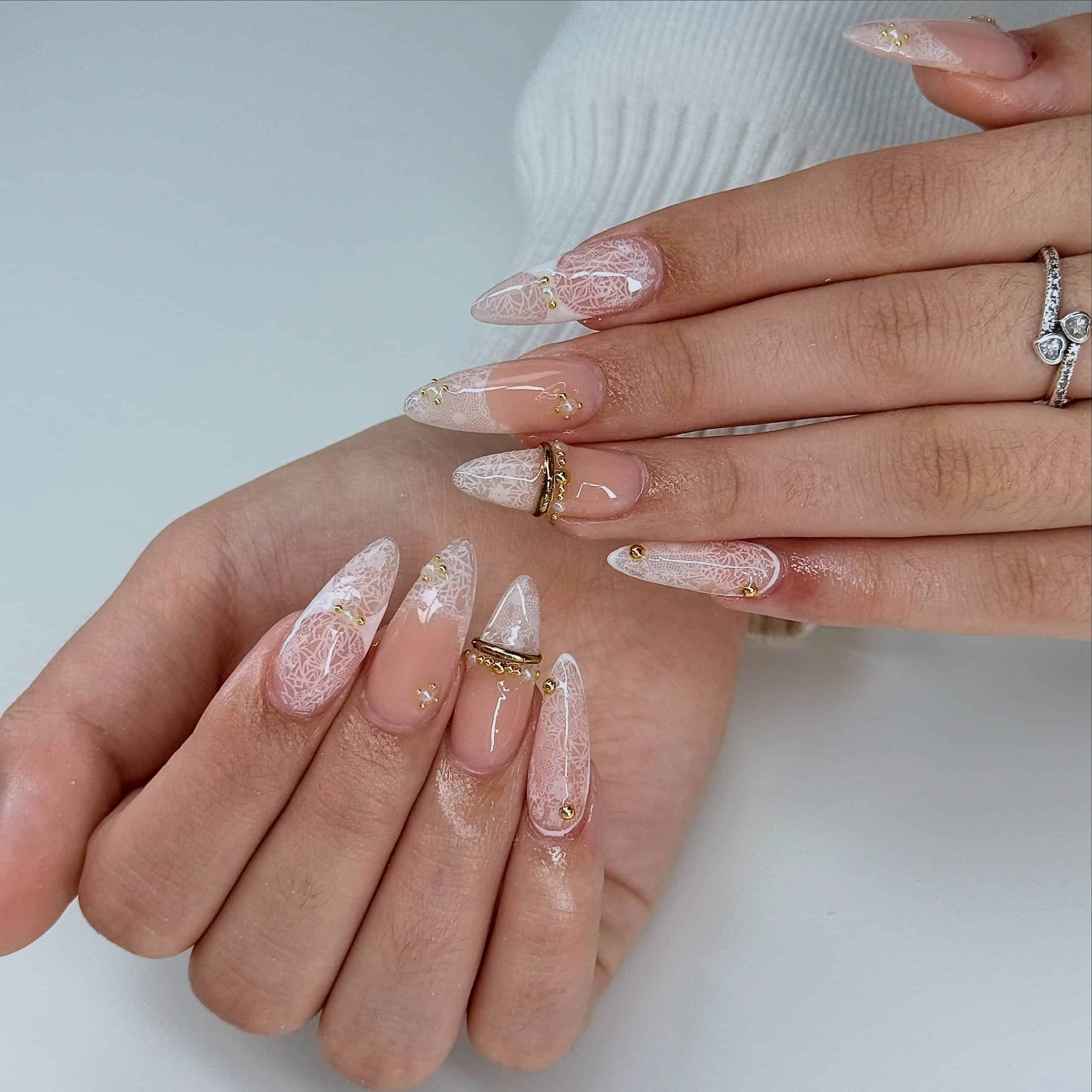 11. Nude Pink Lace Ballerina Nails with Gold Accents - ballerina nail ideas