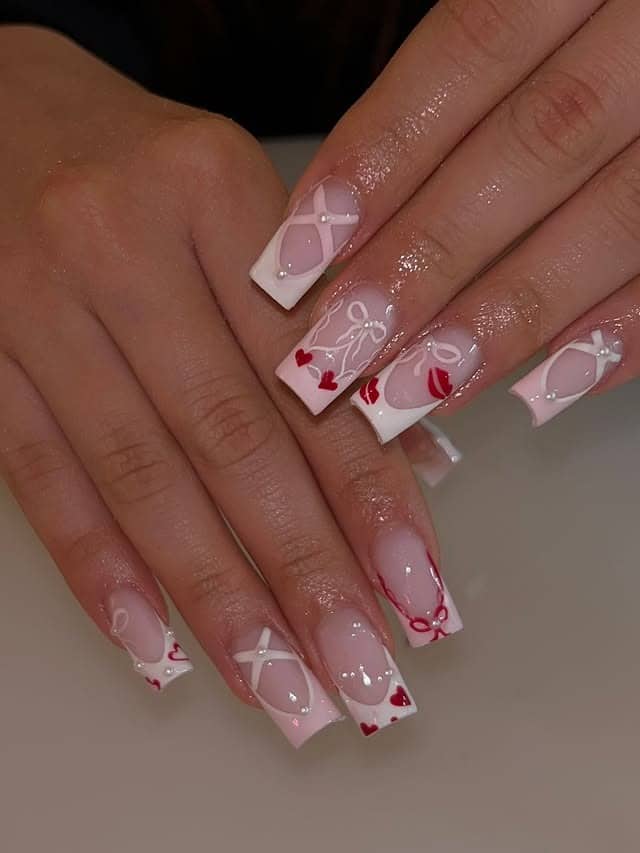 13. Pink and White Ballerina Nails with Red Hearts - ballerina nail ideas