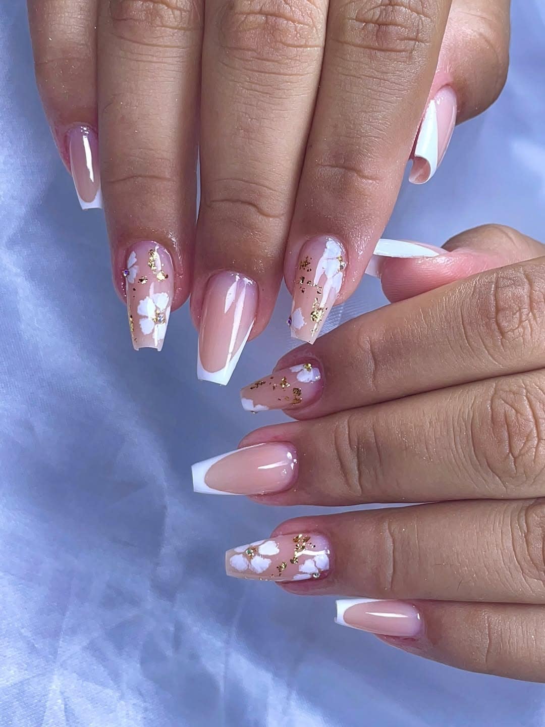 14. Nude Pink Floral Ballerina Nails with Gold Foil - ballerina nail ideas