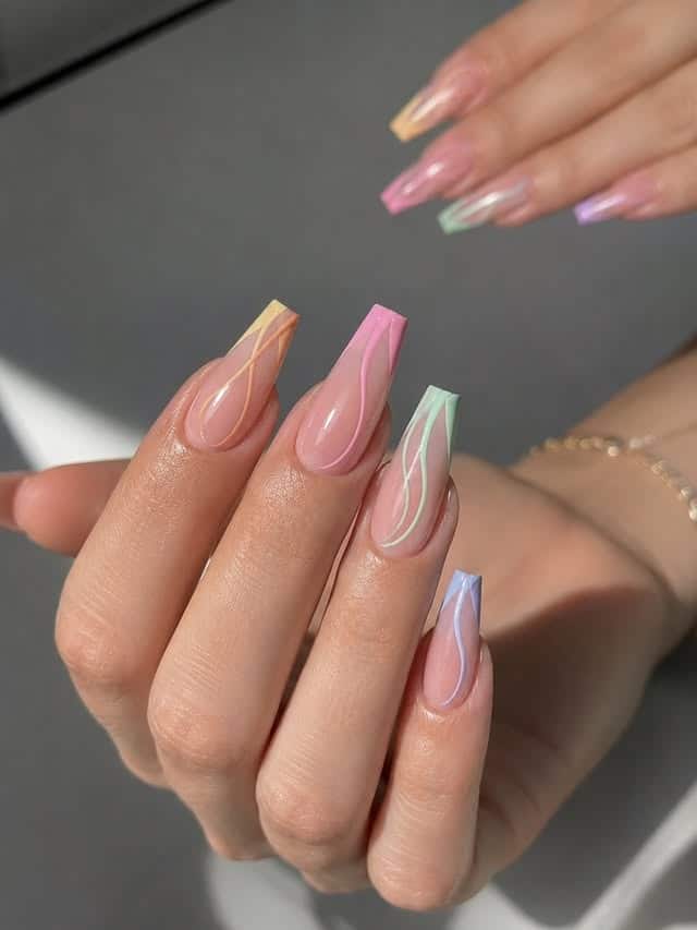 17. Pastel Rainbow Ballerina Nails with Wavy French Tips - ballerina nail ideas