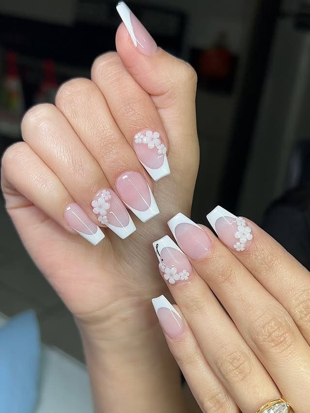 19. Milky Pink French Ballerina Nails with White 3D Flowers - ballerina nail ideas