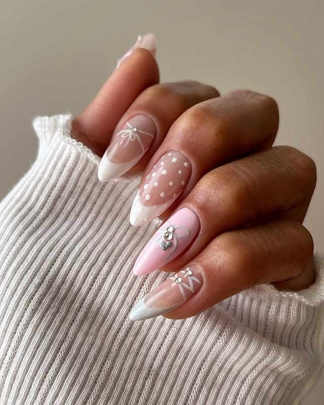 20. Blush Pink Ballerina Nails with White Polka Dots and Bows - ballerina nail ideas