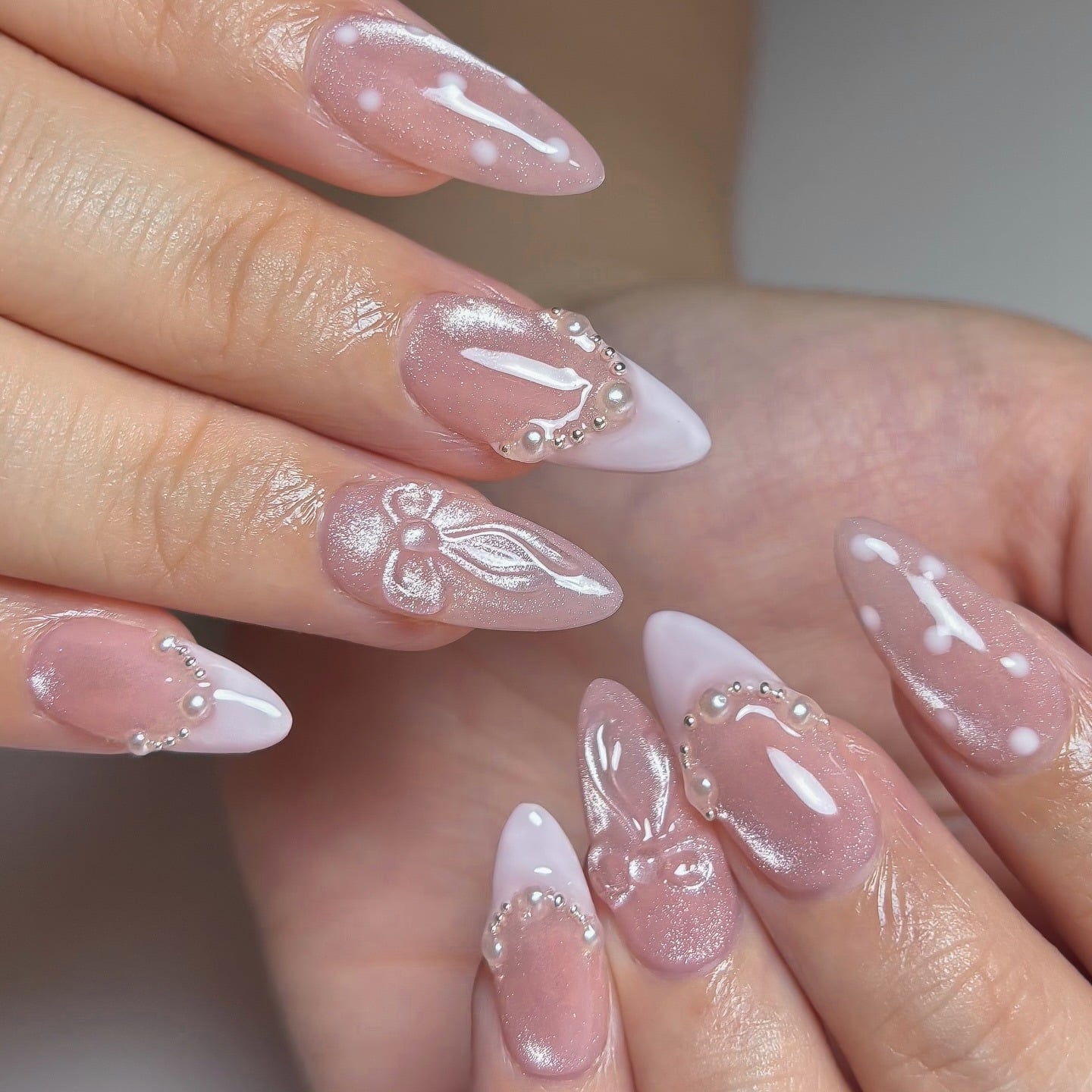 22. Shimmery Pink Ballerina Nails with White French Tips and Pearls - ballerina nail ideas