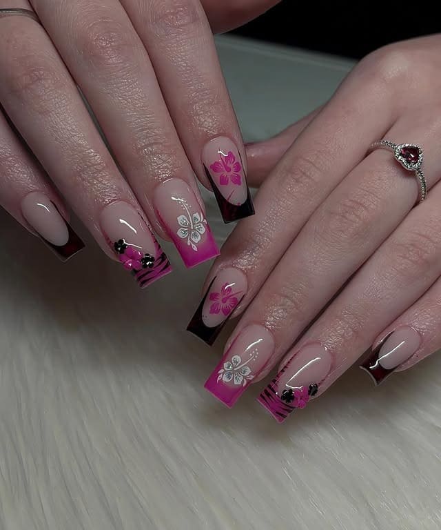 1. Pink and Black Floral Square Nails - black and pink nail ideas