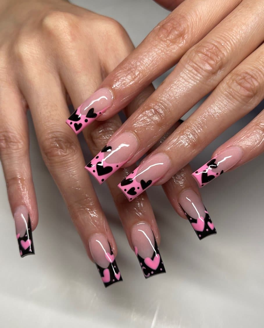 2. Black and Pink Heart French Tip Nails - black and pink nail ideas