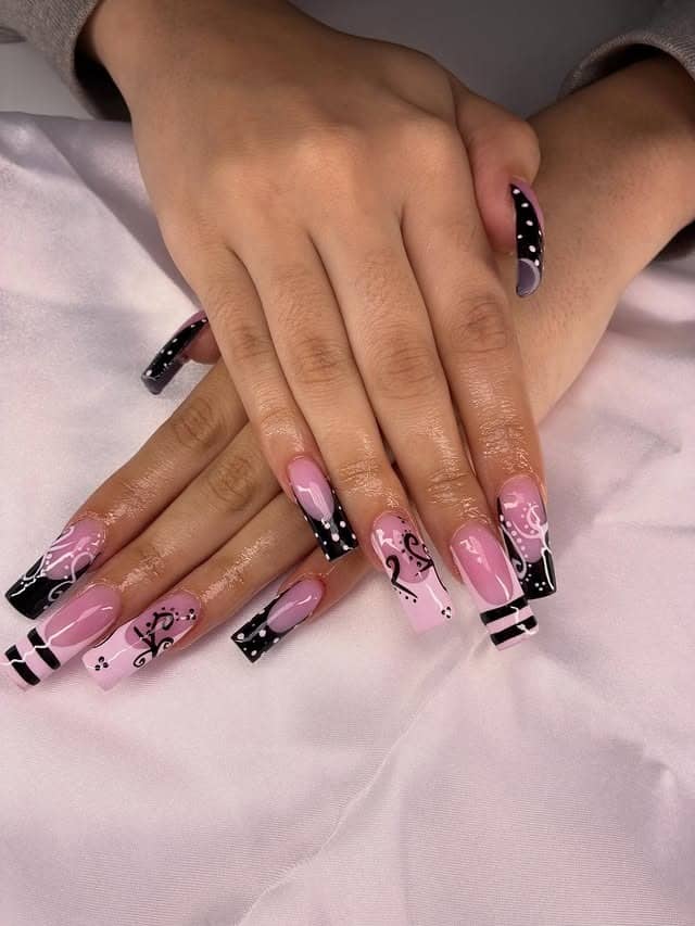 5. Pink and Black Butterfly Square Nails - black and pink nail ideas