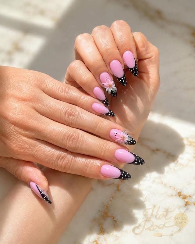 12. Pastel Pink and Black Polka Dot Floral Nails - black and pink nail ideas