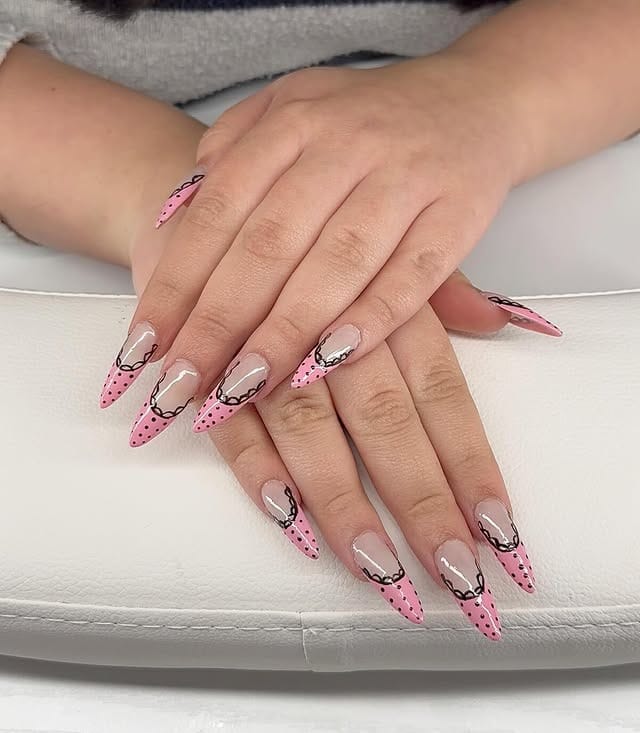 15. Pink and Black Polka Dot Bow Stiletto Nails - black and pink nail ideas