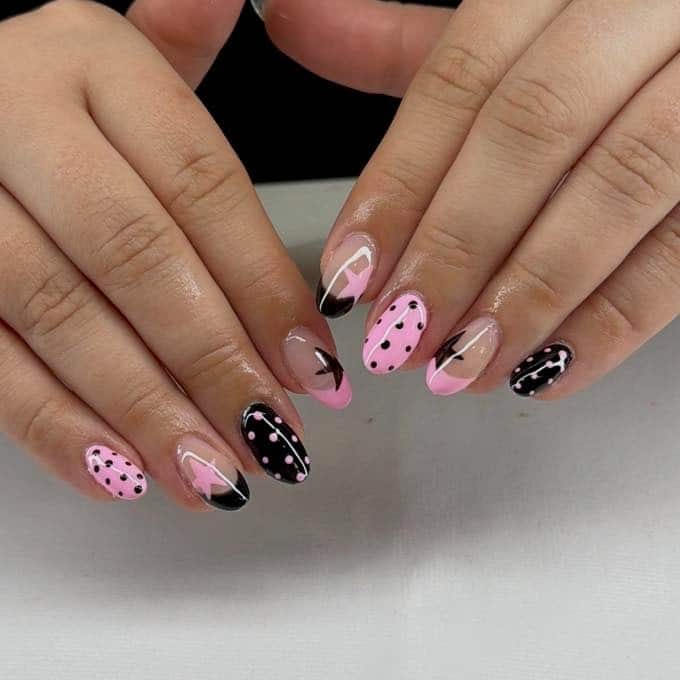 18. Pink and Black Geometric Polka Dot Nails - black and pink nail ideas