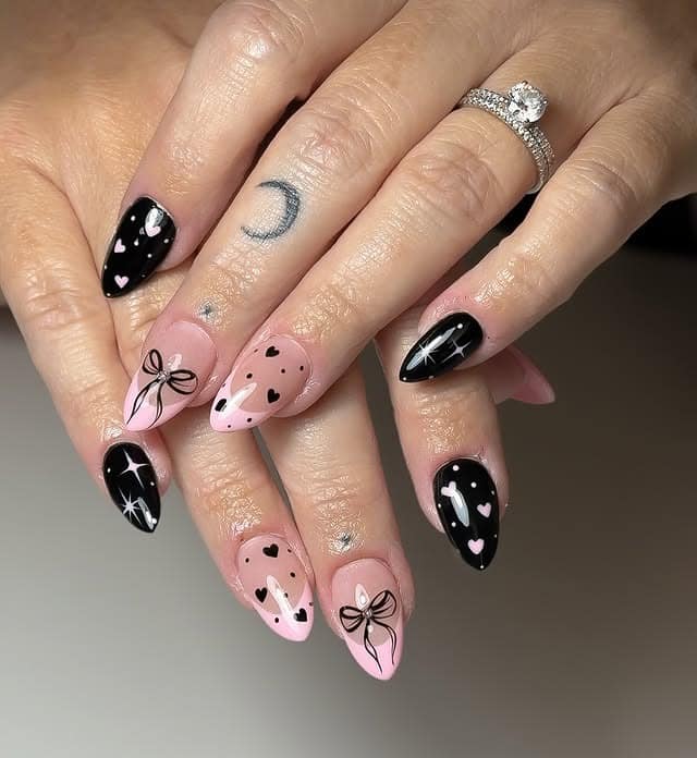 21. Pink and Black Heart and Bow Almond Nails - black and pink nail ideas