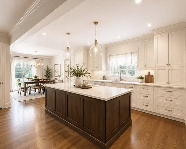 4. Warm White Kitchen with Dark Brown Wood Island - kitchen color ideas with white cabinets