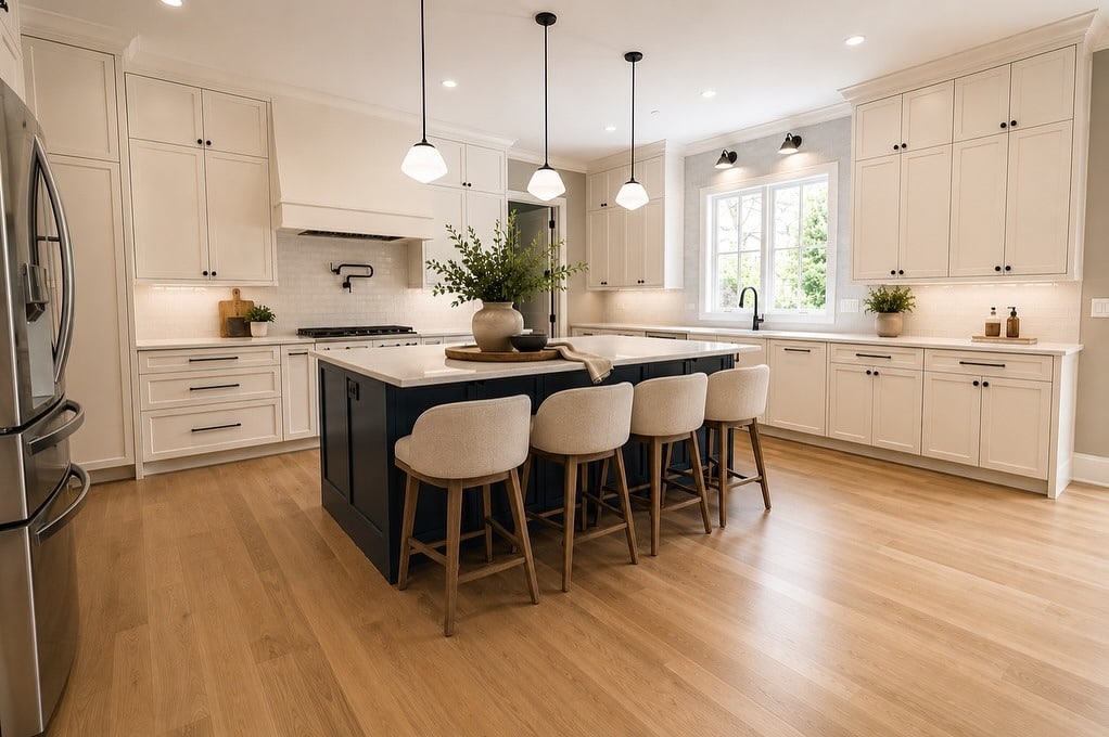 6. Navy Blue Kitchen Island with Warm White Cabinets - kitchen color ideas with white cabinets