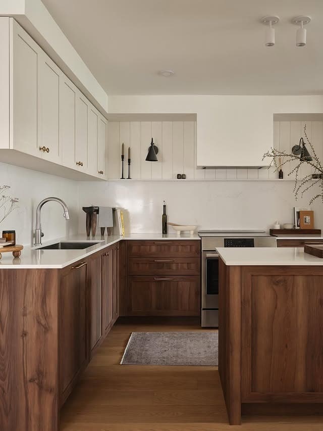 9. Rich Walnut Kitchen Cabinets with Soft White Uppers - kitchen color ideas with white cabinets