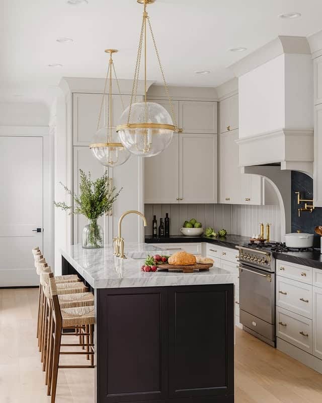 10. Deep Espresso Kitchen Island with Light Gray-White Cabinets - kitchen color ideas with white cabinets