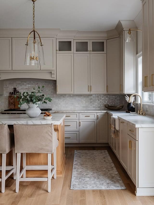 11. Warm Greige Kitchen Cabinets with Natural Oak Island - kitchen color ideas with white cabinets
