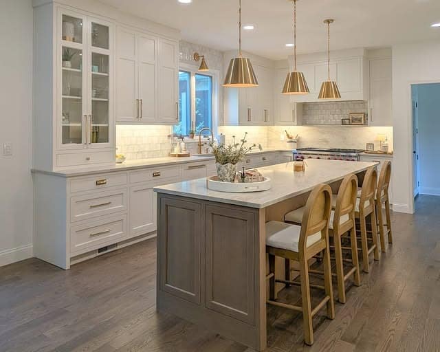 13. Light Taupe Kitchen Island with White Cabinets - kitchen color ideas with white cabinets
