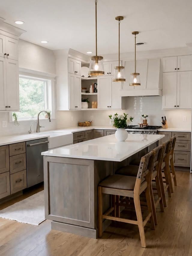 14. Soft Gray Wood Kitchen Island with White Cabinets - kitchen color ideas with white cabinets