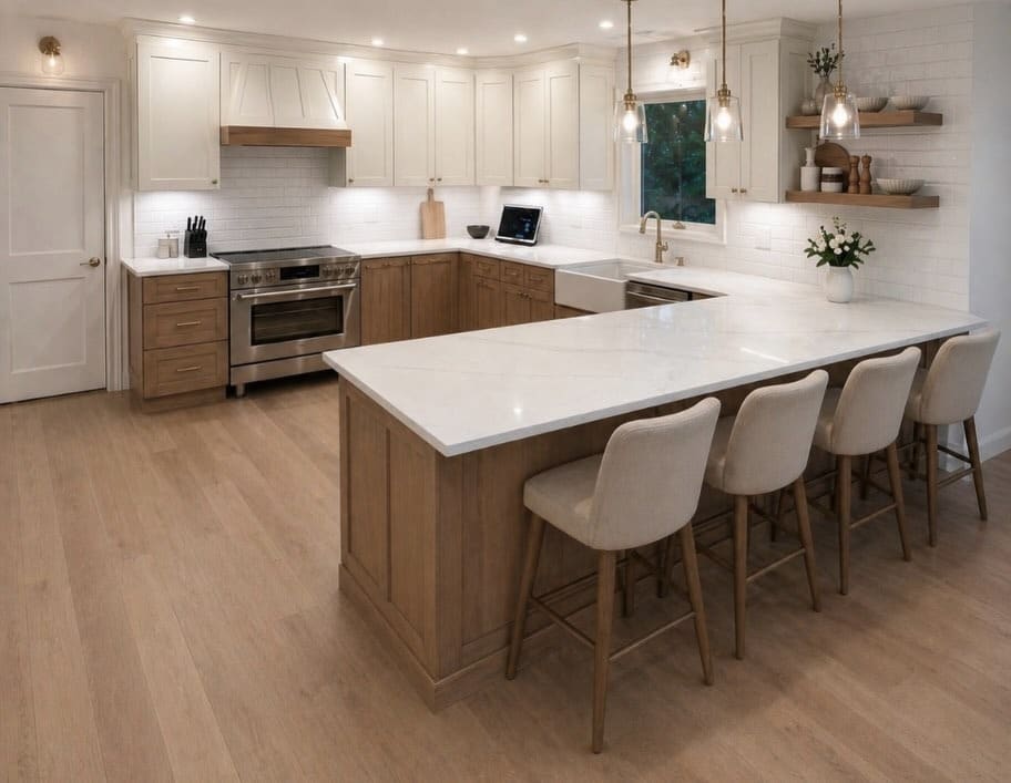 15. Natural Oak Kitchen Island with Bright White Cabinets - kitchen color ideas with white cabinets