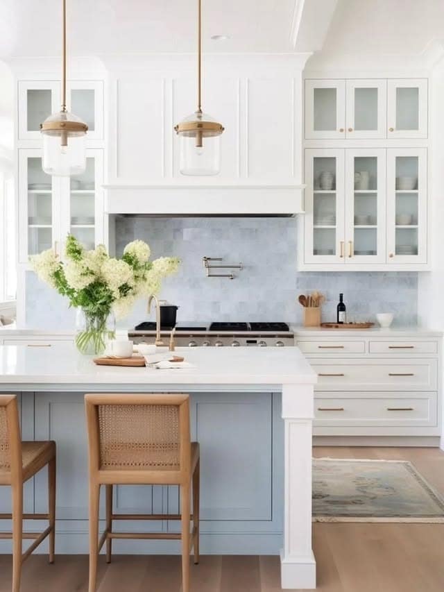 16. Pale Blue Kitchen Island with White Cabinets - kitchen color ideas with white cabinets