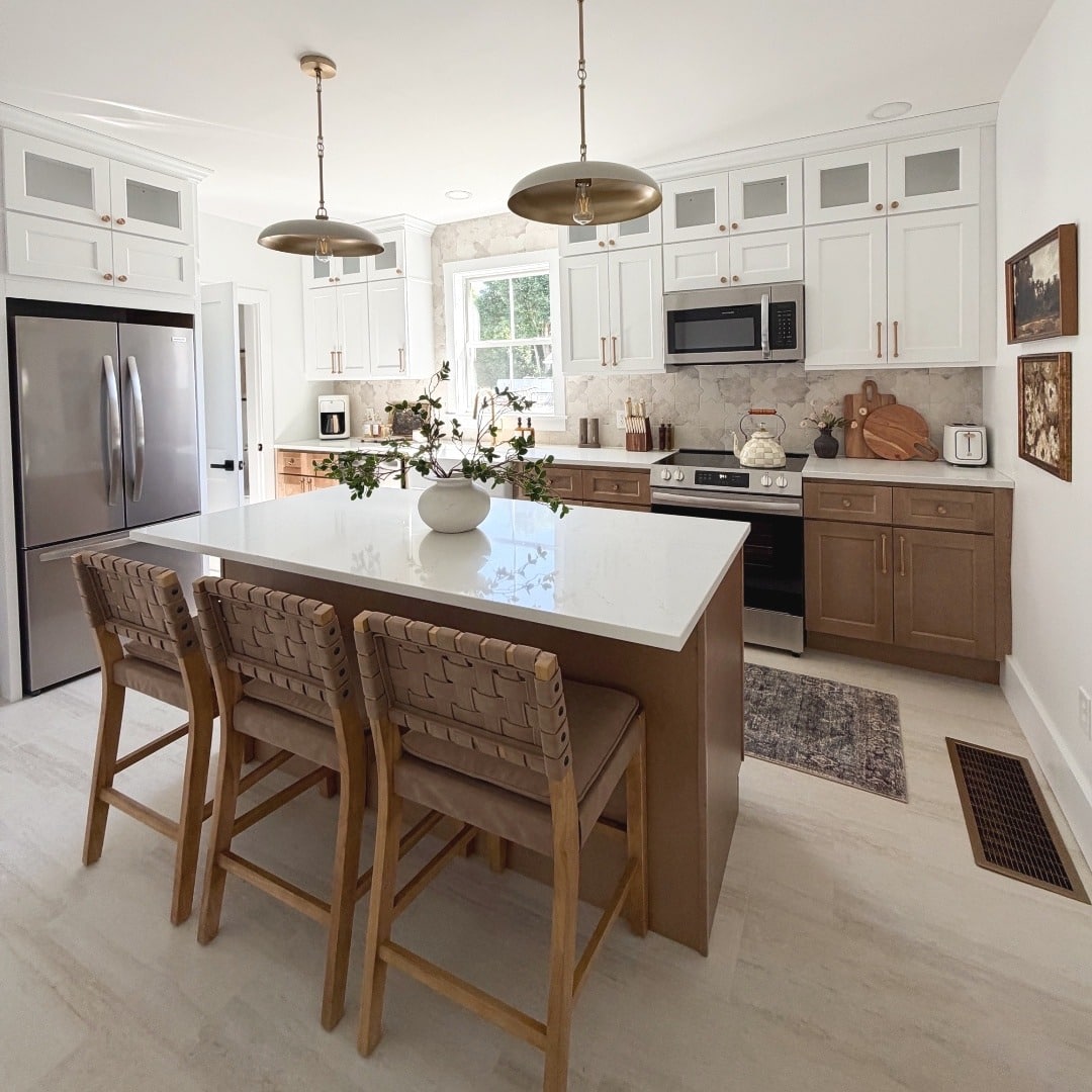 21. Warm White Kitchen Cabinets with Natural Oak Brown Accents - kitchen color ideas with white cabinets