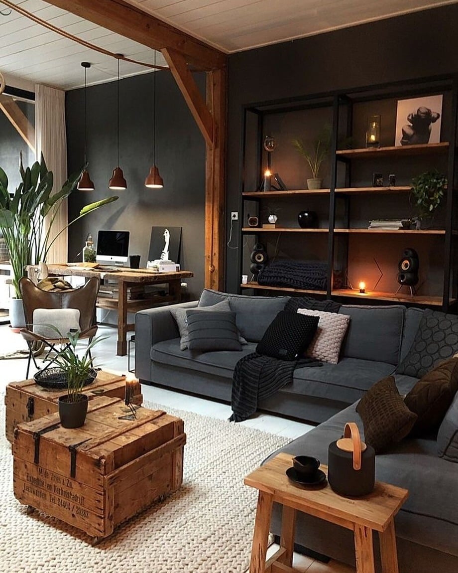 1. Rustic Gray and Brown Living Room with Wooden Accents - gray and brown living room ideas