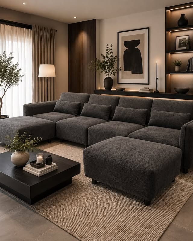 2. Modern Charcoal Gray and Dark Brown Living Room - gray and brown living room ideas